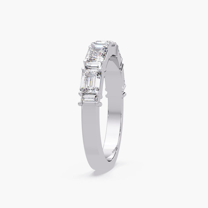 14K white gold lab-grown diamond ring featuring alternating emerald and baguette cut diamonds, perfect as a modern wedding band or stacking anniversary ring.