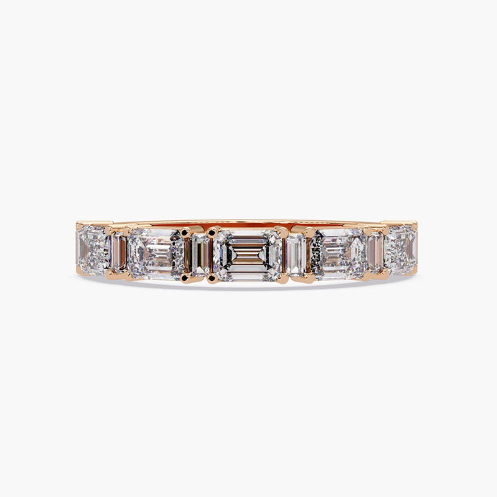 14K rose gold lab-grown diamond ring featuring alternating emerald and baguette cut diamonds, perfect as a modern wedding band or stacking anniversary ring.