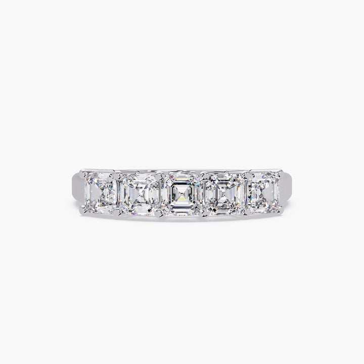 14K white gold Asscher cut lab-grown diamond five-stone ring, elegant choice for engagement, wedding, or anniversary wear.