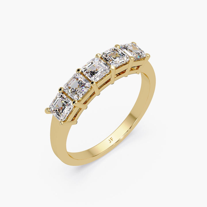 Side angle of 14K yellow gold five-stone Asscher cut lab-grown diamond ring, ideal for stacking or as an anniversary band