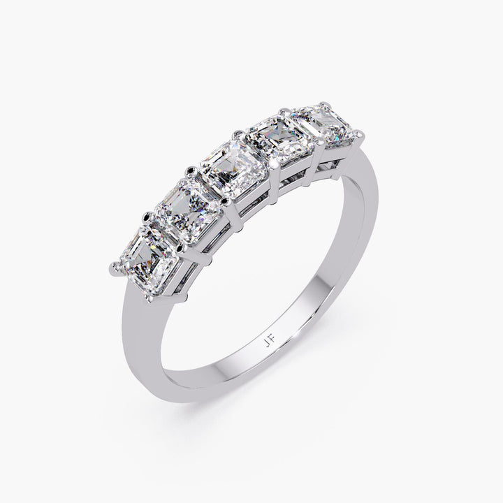 14K white gold Asscher cut lab-grown diamond band, showcasing five brilliant 3.5 mm stones—ideal as an anniversary or promise ring.