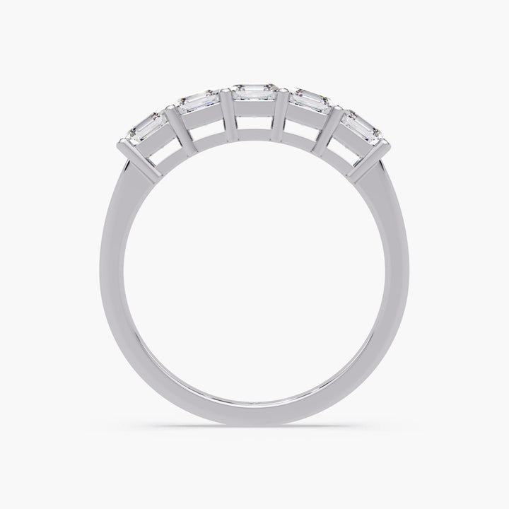 14K white gold five-stone Asscher cut lab-grown diamond ring, prong-set for maximum brilliance—crafted as a stacking or wedding band.