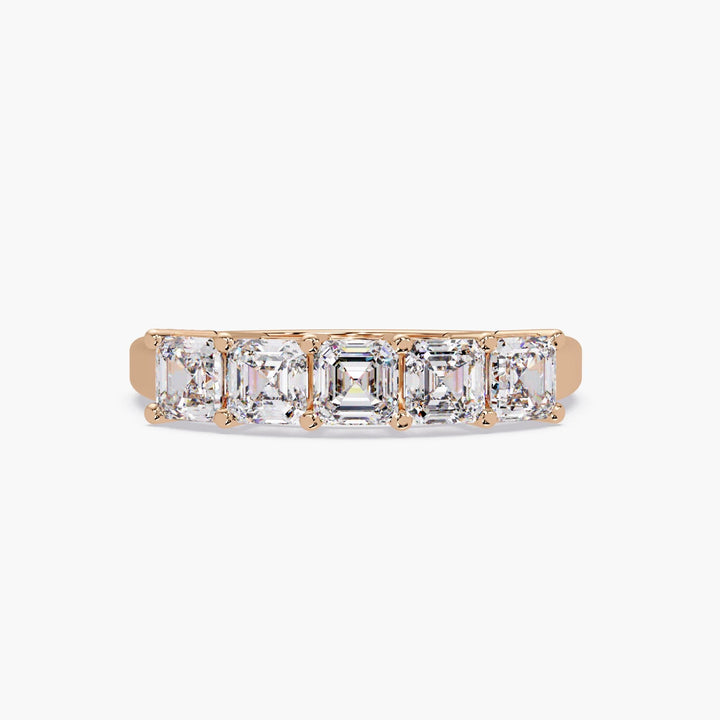 14K rose gold Asscher cut lab-grown diamond band, featuring five sparkling stones—romantic anniversary or wedding ring.