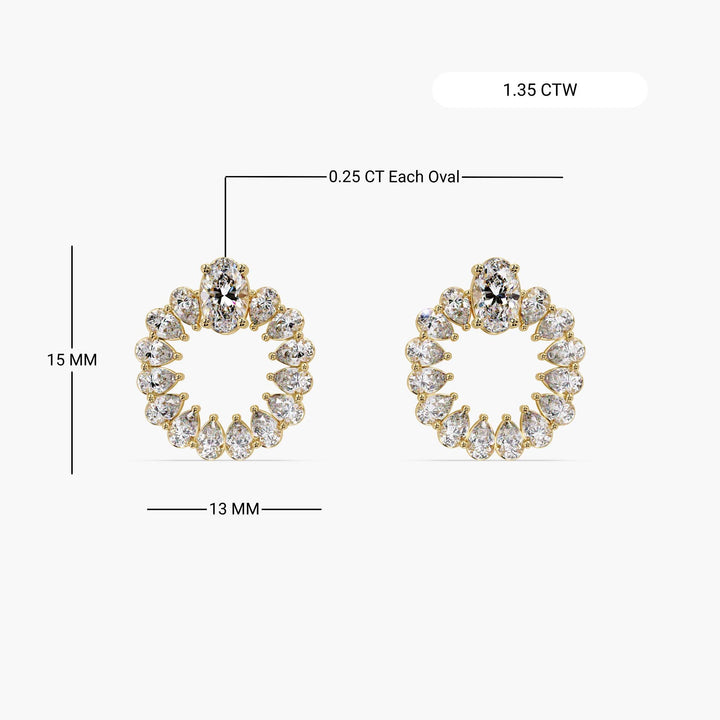 14K gold open circle diamond earrings with 1.35 CTW lab-grown diamonds, 15mm height and 13mm width, featuring 0.25 ct oval and pear-cut stones in a wreath design.