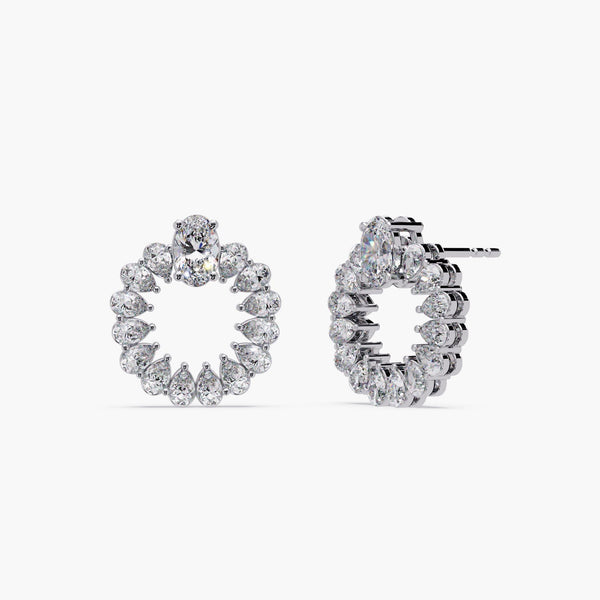 14K gold open circle diamond earrings with 1.35 CTW lab-grown diamonds, 15mm height and 13mm width, featuring 0.25 ct oval and pear-cut stones in a wreath design.