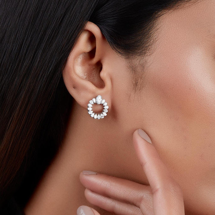 14K gold open circle diamond earrings with pear and oval lab-grown diamonds in a wreath design, 1.35 carat total weight, elegant bridal and party stud earrings by Jewel Frost.