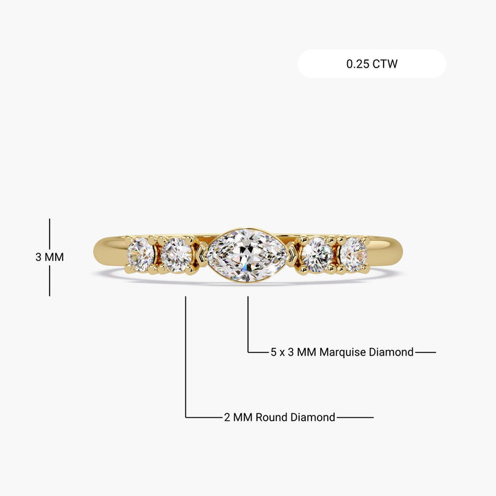 14K yellow gold marquise diamond ring with round side stones, 0.25ct lab-grown stacking ring for everyday wear or promise gift.