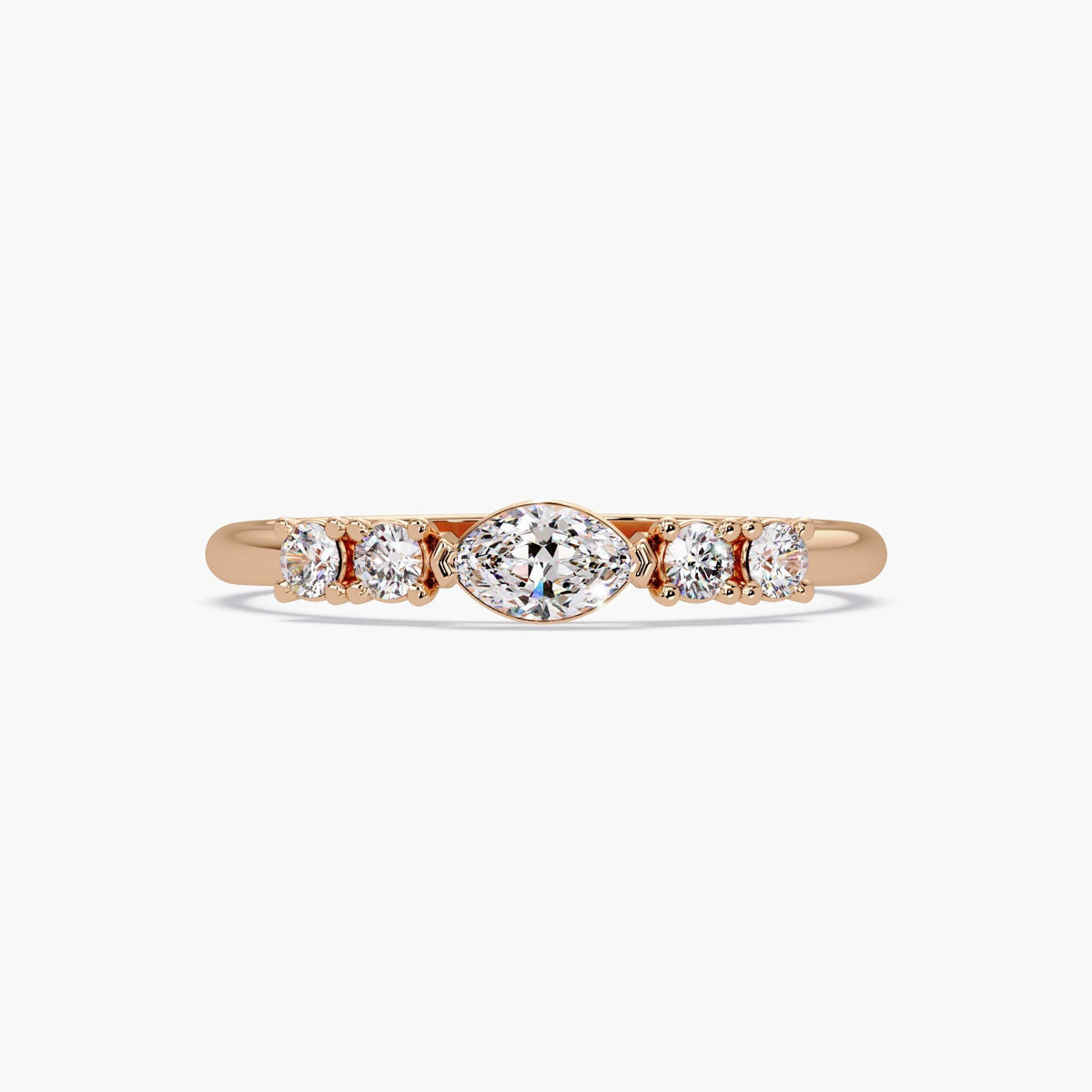 14K rose gold marquise diamond ring with round side stones, 0.25ct lab-grown stacking ring for everyday wear or promise gift.