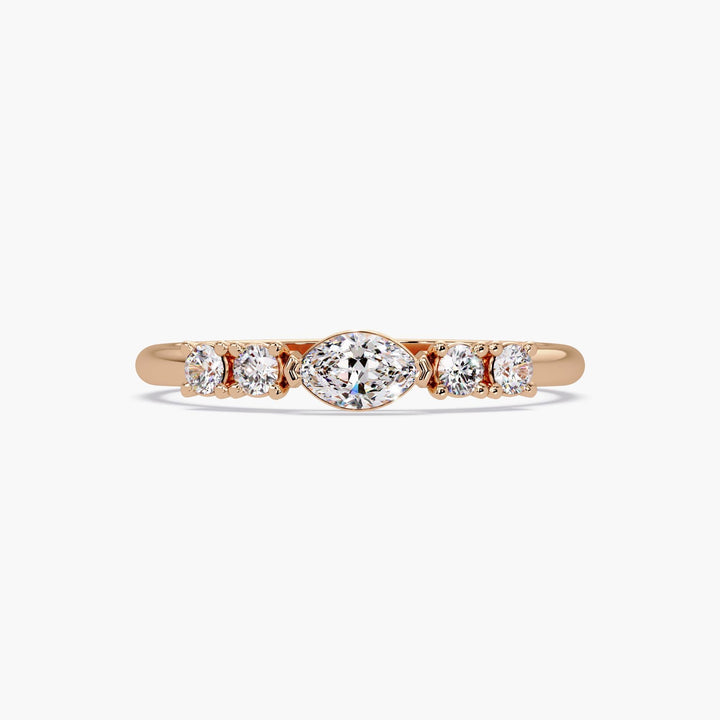 14K rose gold marquise diamond ring with round side stones, 0.25ct lab-grown stacking ring for everyday wear or promise gift.