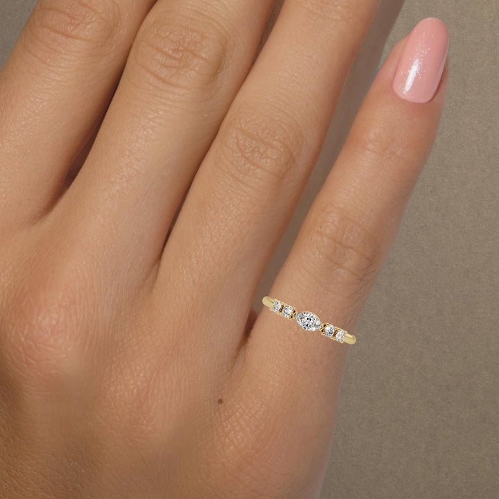 14K yellow gold marquise diamond ring with round side stones, 0.25ct lab-grown stacking ring for everyday wear or promise gift.