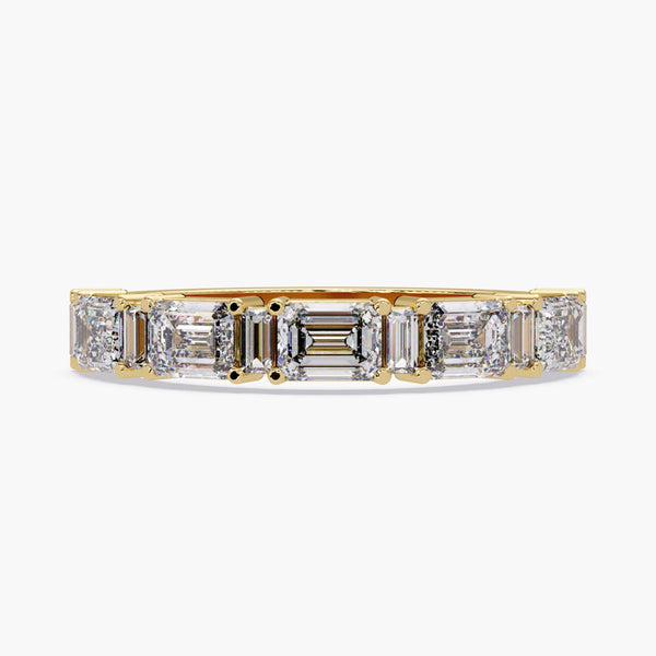 14K gold lab-grown diamond ring featuring alternating emerald and baguette cut diamond, perfect as a modern wedding band or stacking anniversary ring.