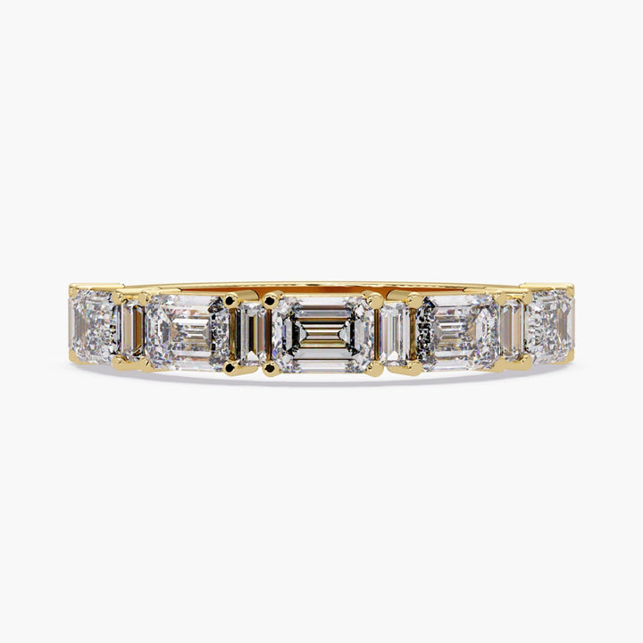 14K gold lab-grown diamond ring featuring alternating emerald and baguette cut diamond, perfect as a modern wedding band or stacking anniversary ring.