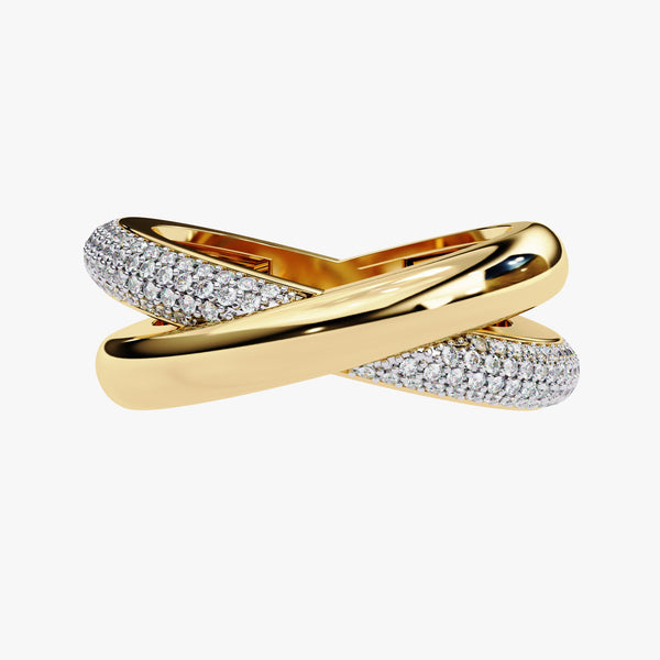 May include: A gold ring with a crisscross design. The ring features two overlapping bands, each with a rounded shape. One band is adorned with small, sparkling white gemstones, while the other is smooth and polished. The ring has a bright, reflective surface, showcasing the gold&#39;s color.