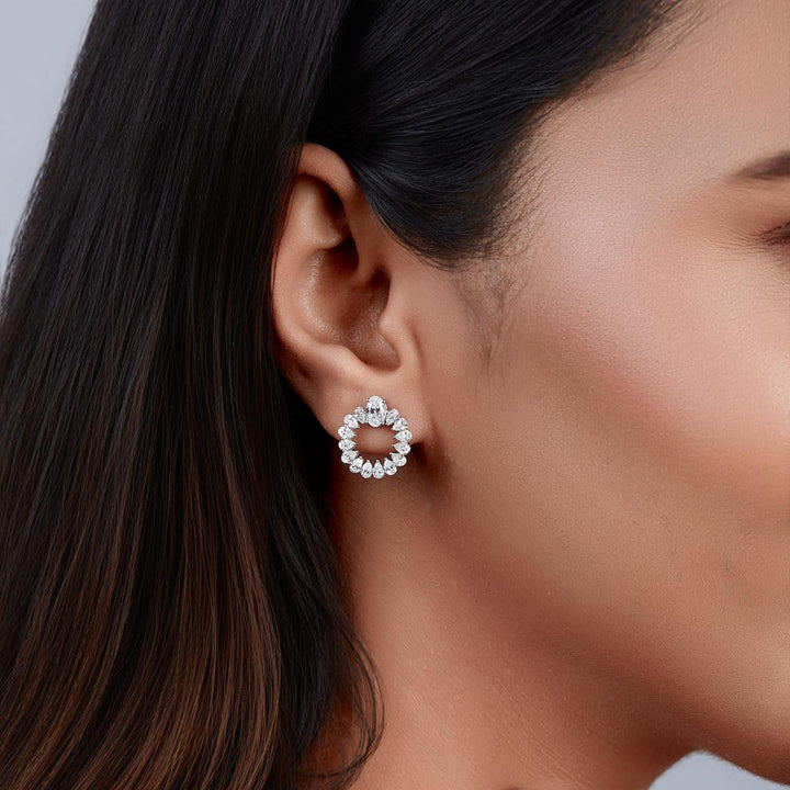 14K gold open circle diamond earrings with pear and oval lab-grown diamonds in a wreath design, 1.35 carat total weight, elegant bridal and party stud earrings by Jewel Frost.