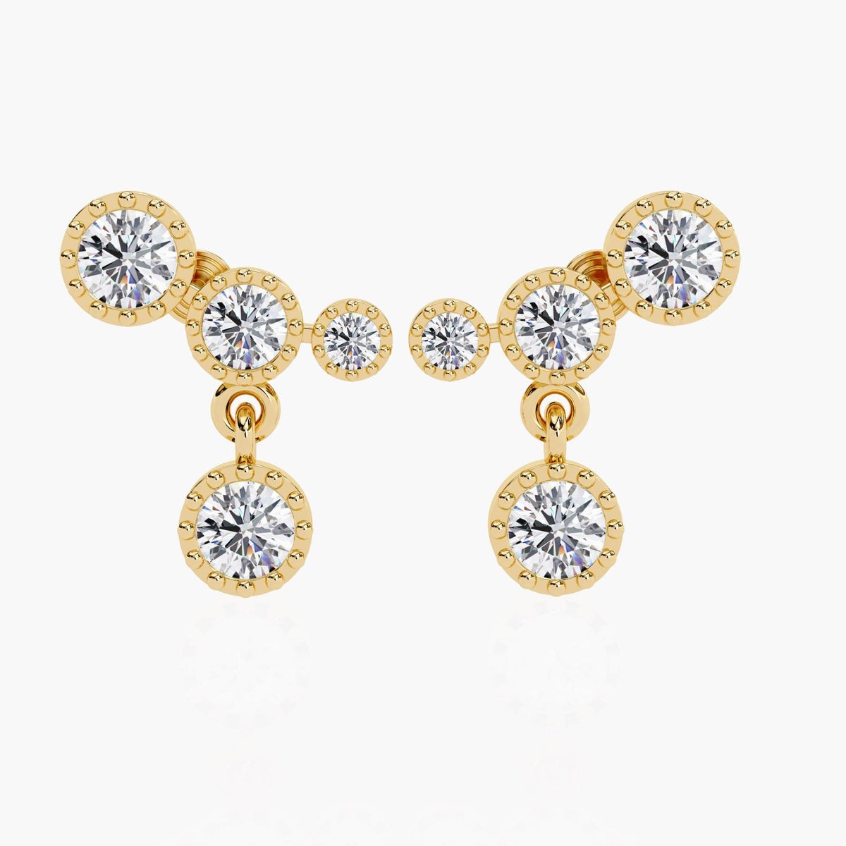A gold diamond ear climber earrings with a drop down round shaped diamond.