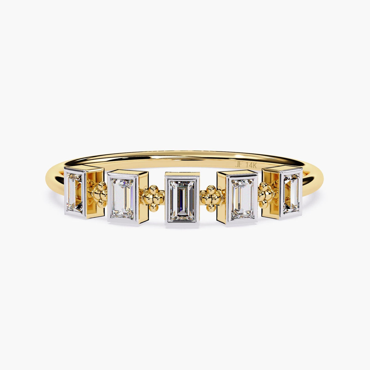 14k yellow gold five-stone diamond ring featuring vertical baguette-cut natural diamonds in bezel settings, connected by delicate beaded gold accents. A minimalist, stackable ring ideal for milestone gifting or everyday wear.