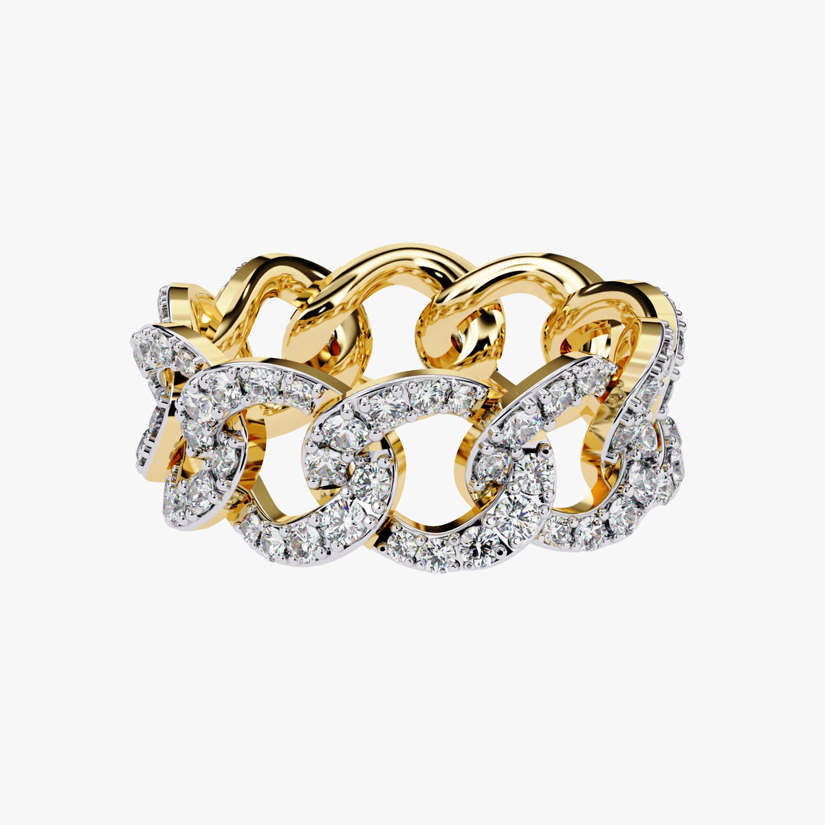 May include: A gold chain ring with a row of small diamonds around each link.