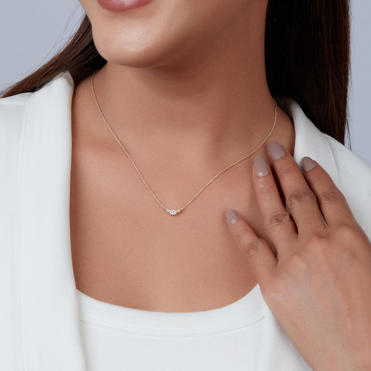 14K Gold Three Stone Necklace, 0.30 CTW Oval and Pear Lab Grown Diamond Pendant, Dainty Bridal Jewelry