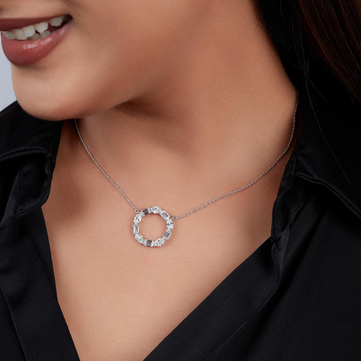 14K Gold Diamond Circle Necklace | 2.5 Ctw Oval & Emerald Lab Diamond | 20mm Statement Pendant