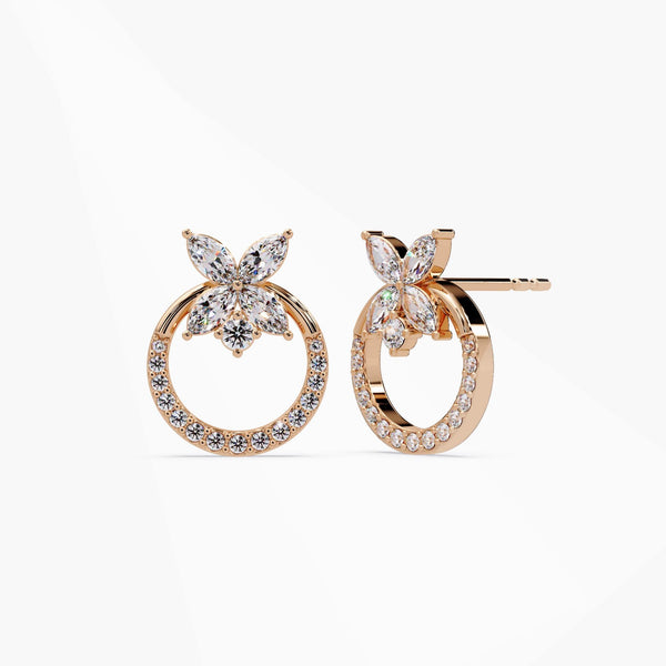 14k gold floral circle earrings with lab grown diamonds, marquise cluster stud hoops