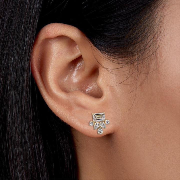 Emerald Cut Diamond Stud Earrings | 3Ct Lab Grown Cluster Earrings | 14K Yellow Gold Bridal Statement Studs