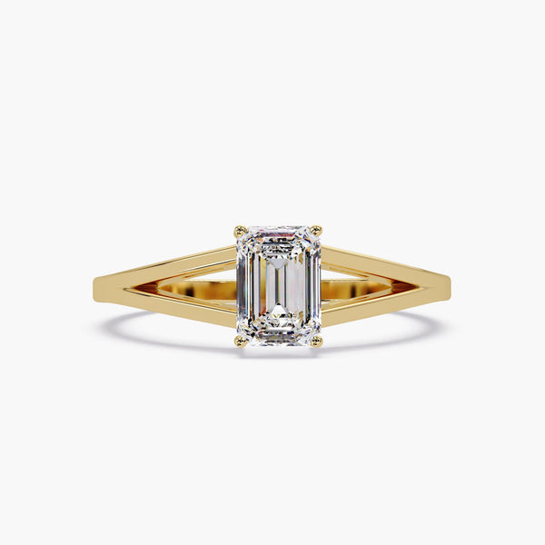 14k rose gold ring featuring a 1-carat emerald-cut lab-grown diamond in a split shank design.