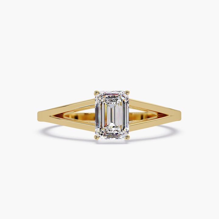 14k rose gold ring featuring a 1-carat emerald-cut lab-grown diamond in a split shank design.