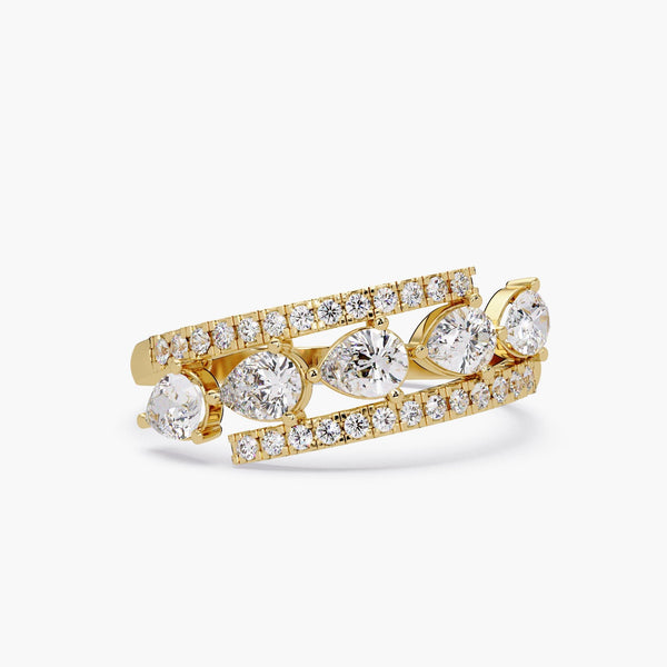 14k gold double row pear and round diamond band ring on white background