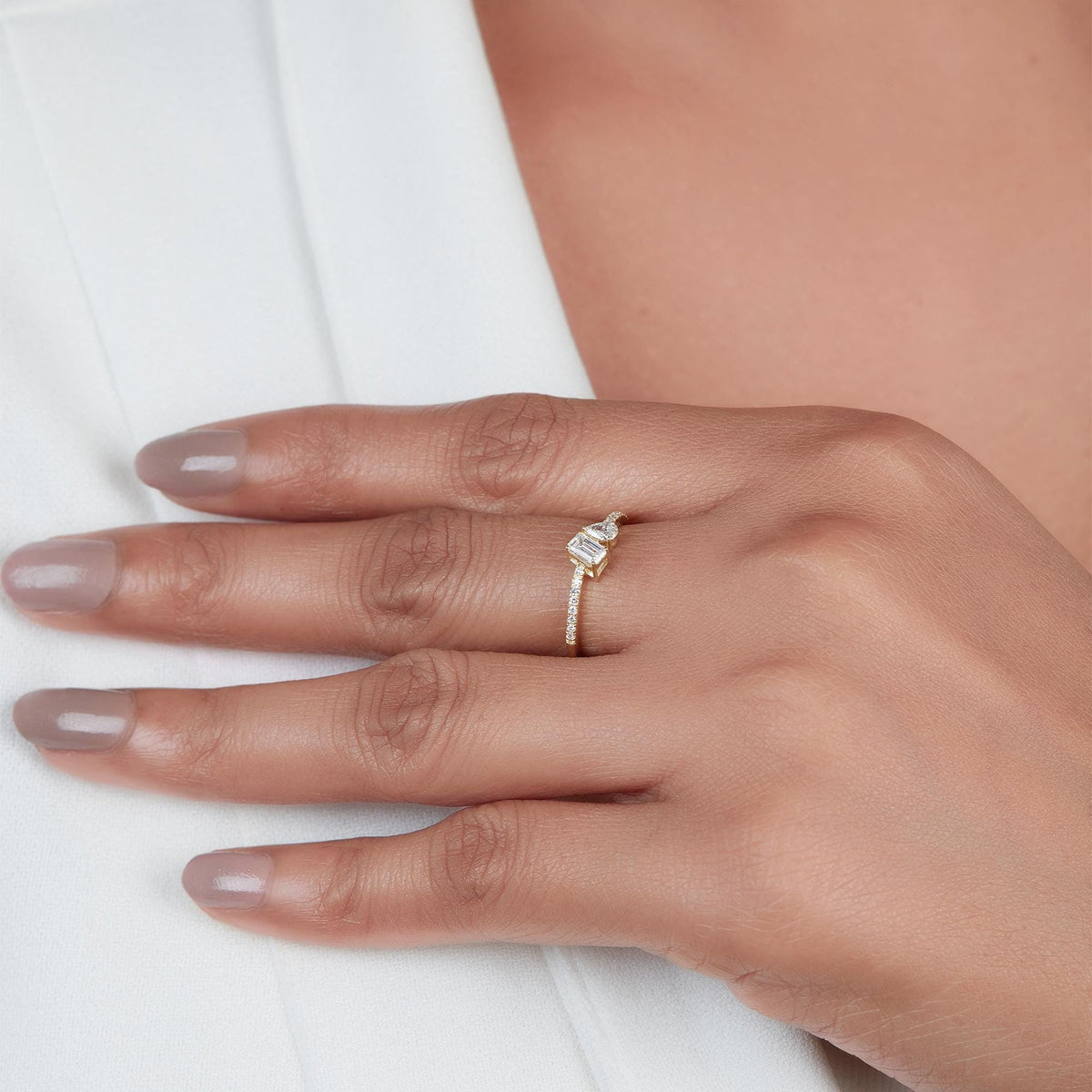 Pear & Emerald Lab Diamond Toi Moi Bypass Ring, Wavy Pave Diamond Band