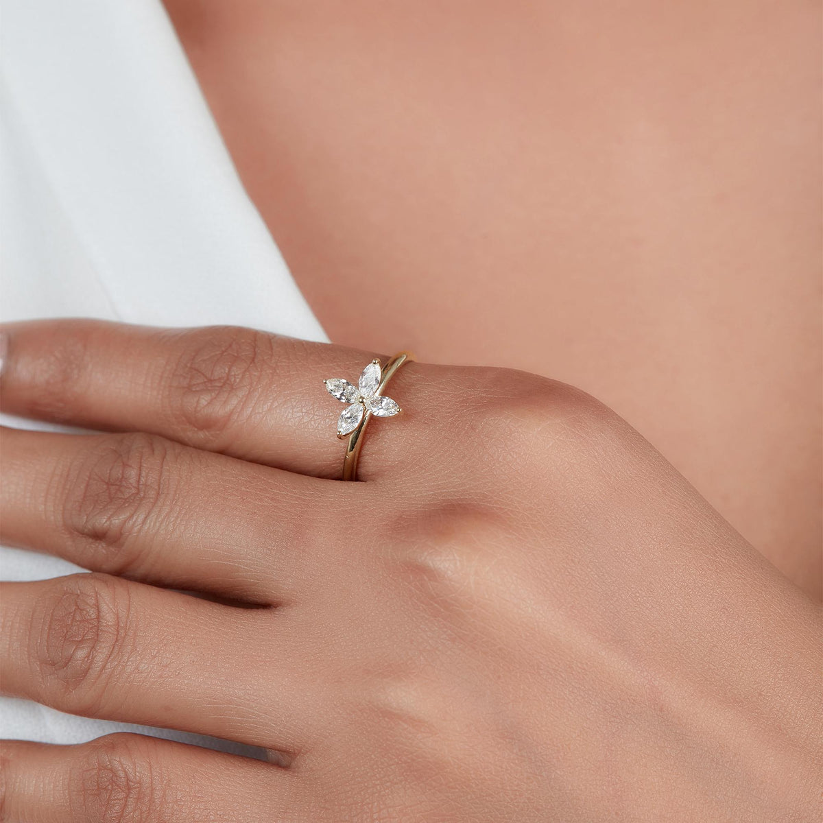 14K Gold Lab Diamond Clover Ring: Marquise Floral Engagement
