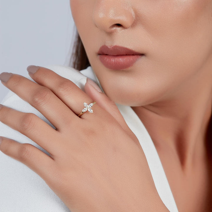 14K Gold Lab Diamond Clover Ring: Marquise Floral Engagement