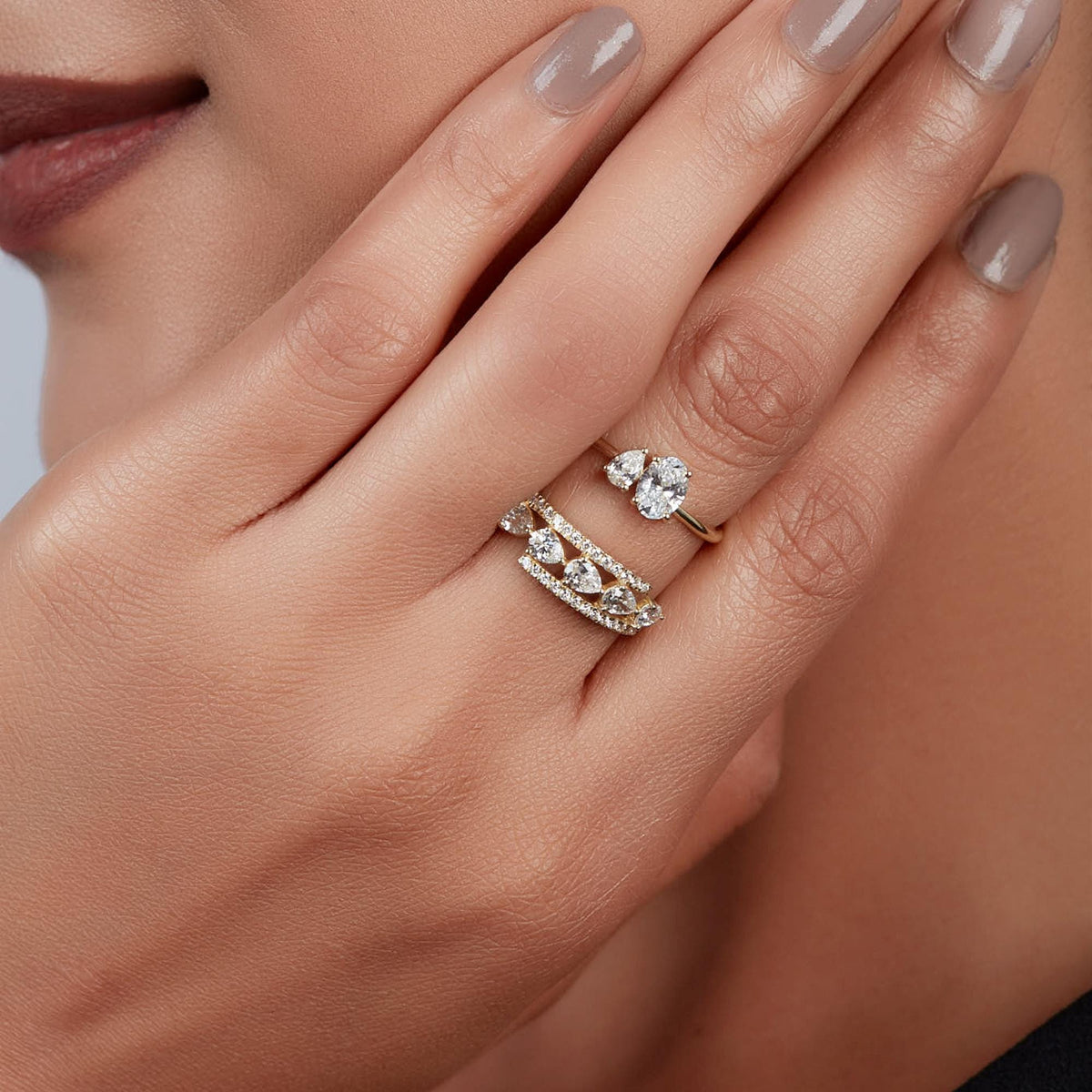 14K Gold Lab Grown Diamond Band | Pear and Round Diamond Ring | Multi Row Wedding Band | 0.80CT Bridal Anniversary Gift