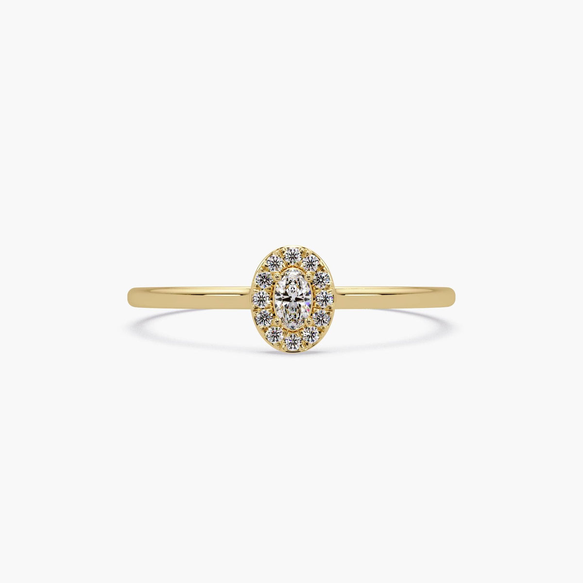 Petite oval halo diamond ring in 14K yellow gold with lab-grown diamonds, dainty solid gold promise or stacking ring