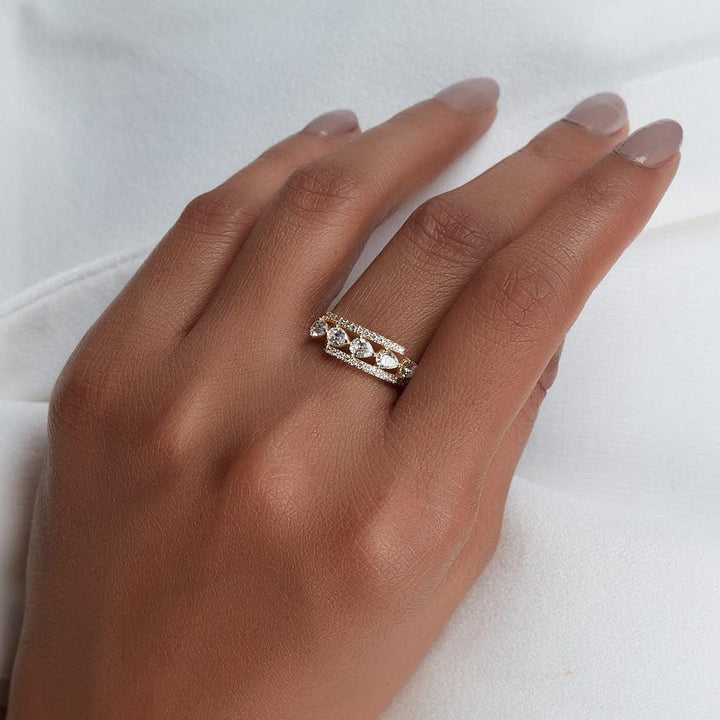 14K Gold Lab Grown Diamond Band | Pear and Round Diamond Ring | Multi Row Wedding Band | 0.80CT Bridal Anniversary Gift