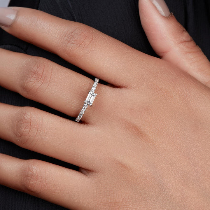 Baguette Diamond Ring | Lab Grown 0.40 CTW East West Engagement Ring | Petite Pave Band | Dainty Gift Ring for Her