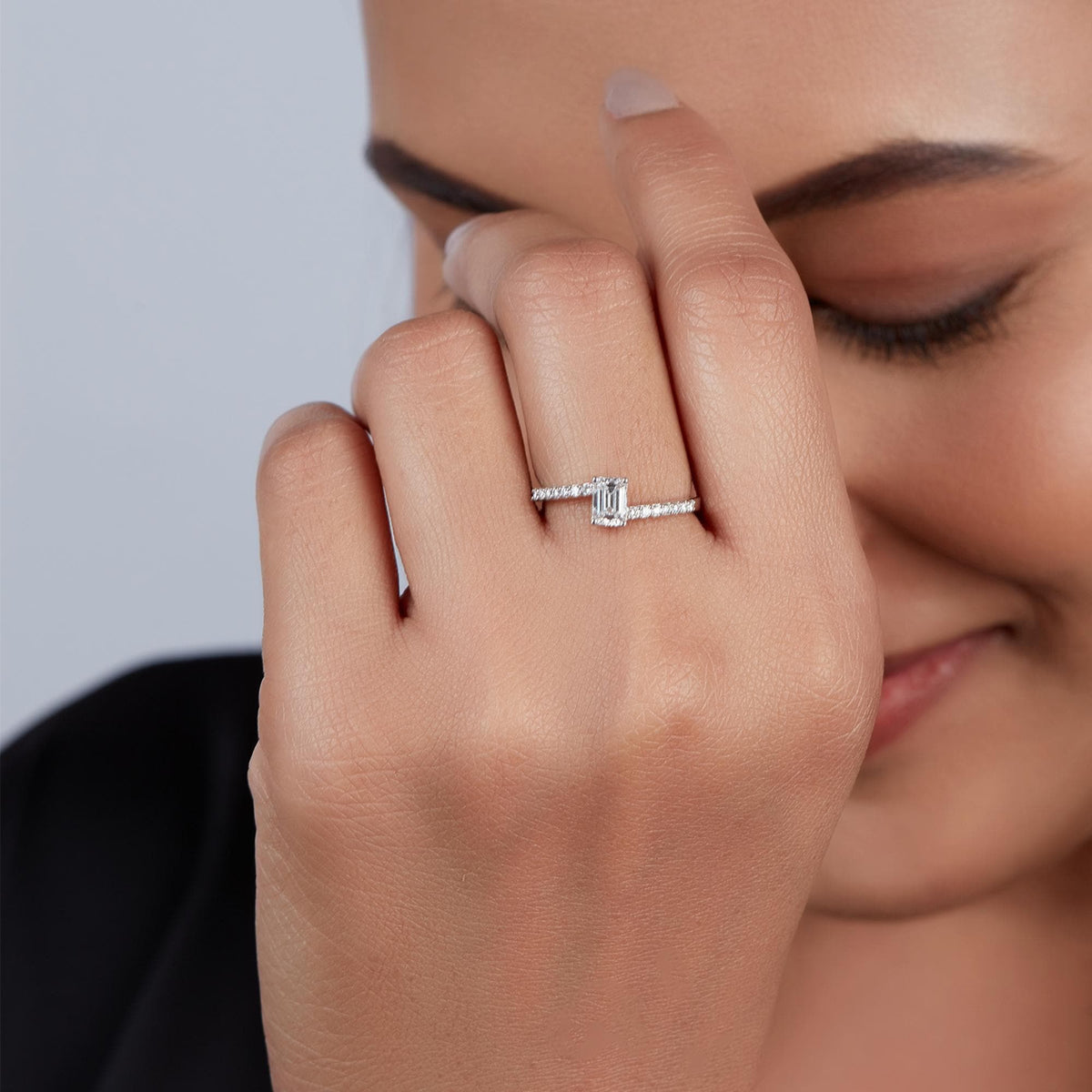 Emerald Cut Engagement Ring | 14K Gold Solitaire with Pave Diamond Band | 0.50 Ct Lab Grown Diamond Gift