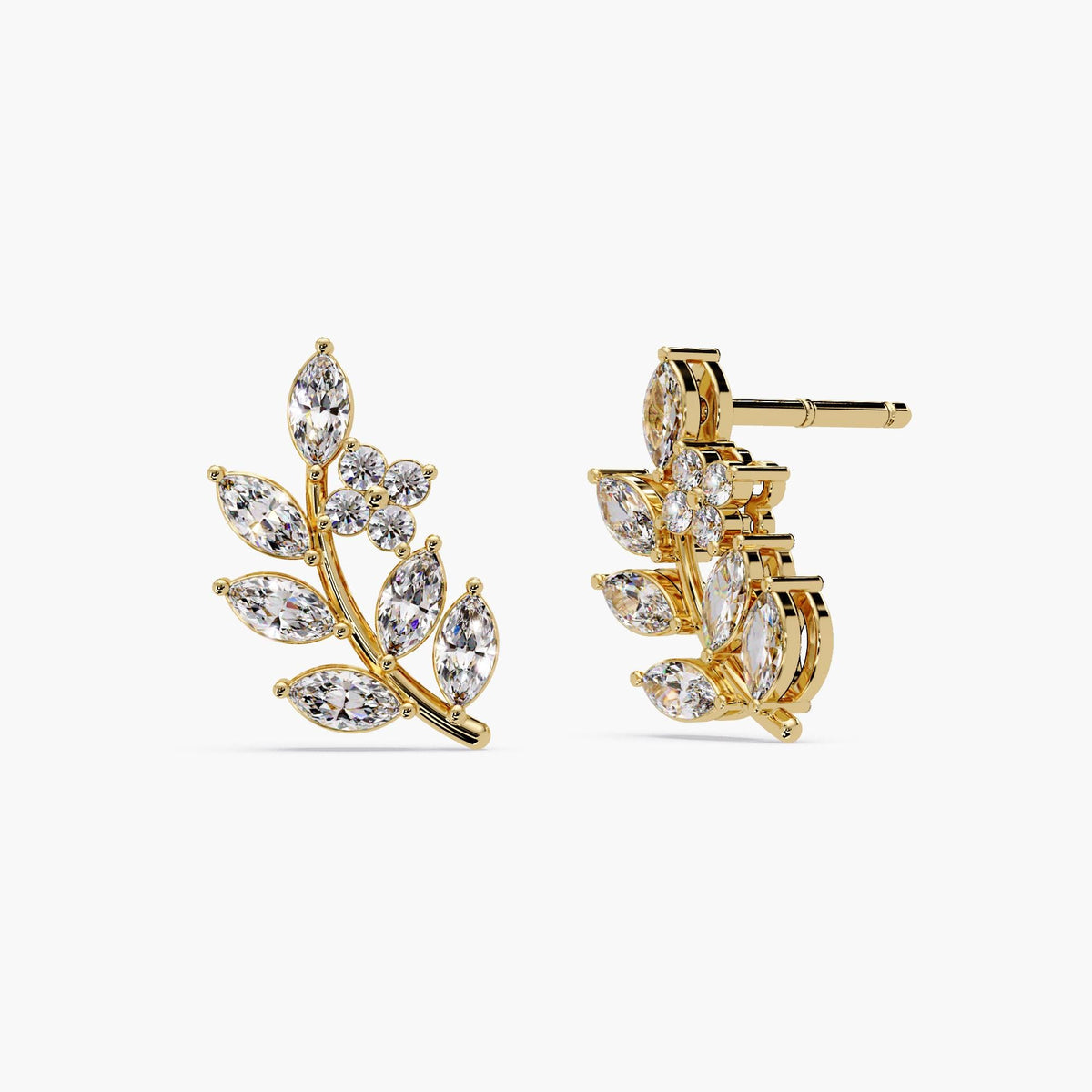 Marquise Leaves Earring / Diamond Prong Climber Vines / Diamond Vine Earrings / 14K Rose Gold / Pink Diamond Studs / Lab Diamond Vine Earrings / Vine Earrings Gold with Diamonds / Little Diamond Leaf Earrings / Marquise Leaf Earrings / Leaf Wedding Earrings Climber / Branch Earrings / Solid Gold Nature Earrings