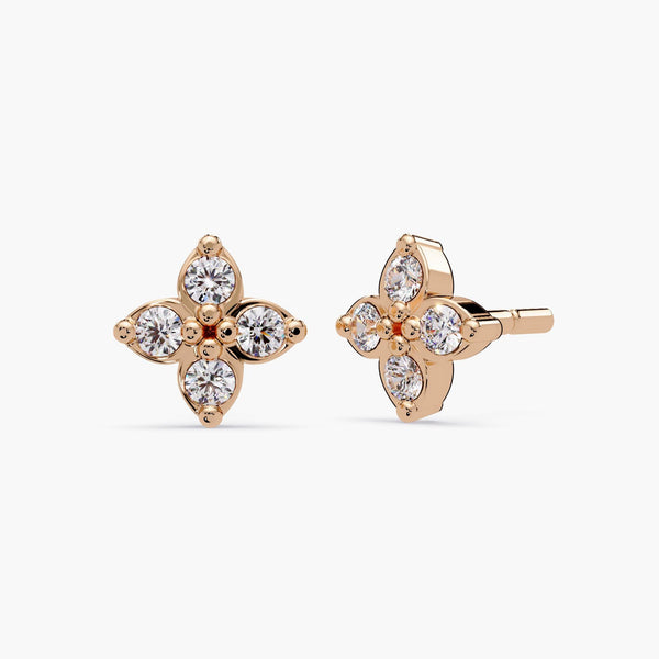 Micro Diamondclover Stud / Natural Diamond Studs 14K Gold / 14K Small Earrings / 14k Gold Women Earrings