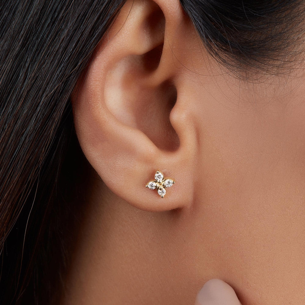 Micro Diamondclover Stud / Natural Diamond Studs 14K Gold / 14K Small Earrings / 14k Gold Women Earrings