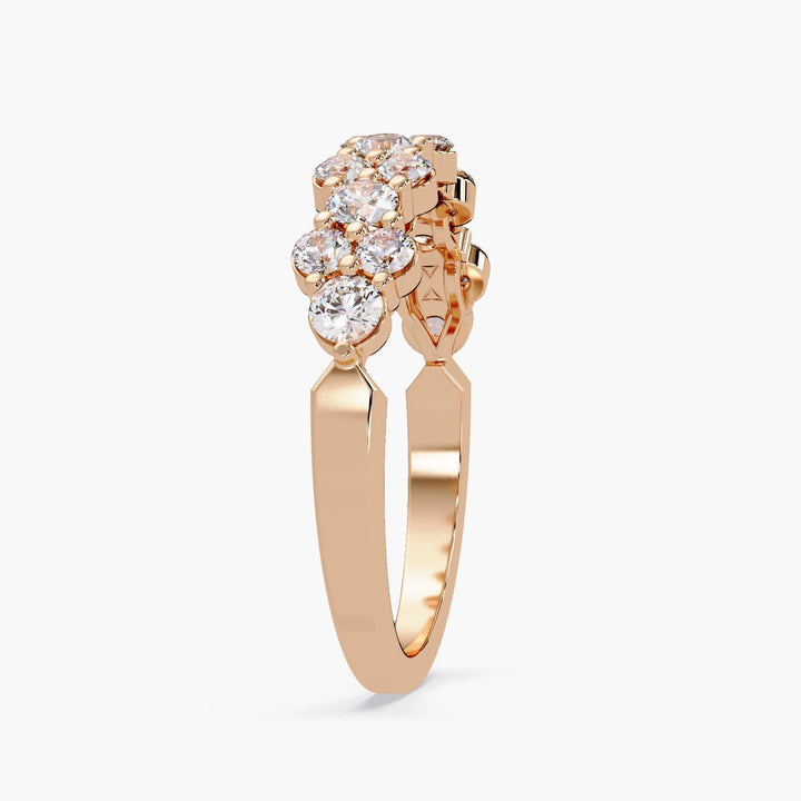 14K gold cluster diamond band ring featuring 0.90 CTW of round lab-grown diamonds in a staggered bubble setting, perfect for stacking, weddings, or everyday sparkle