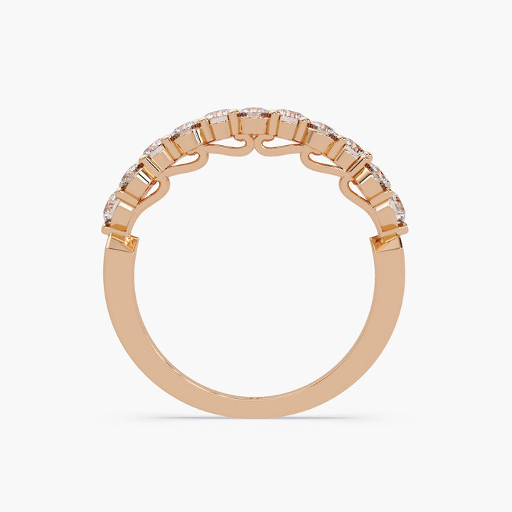 14K rose gold cluster diamond ring showing open gallery and prong-set 0.90 CTW lab-grown diamonds in a staggered bubble-style design