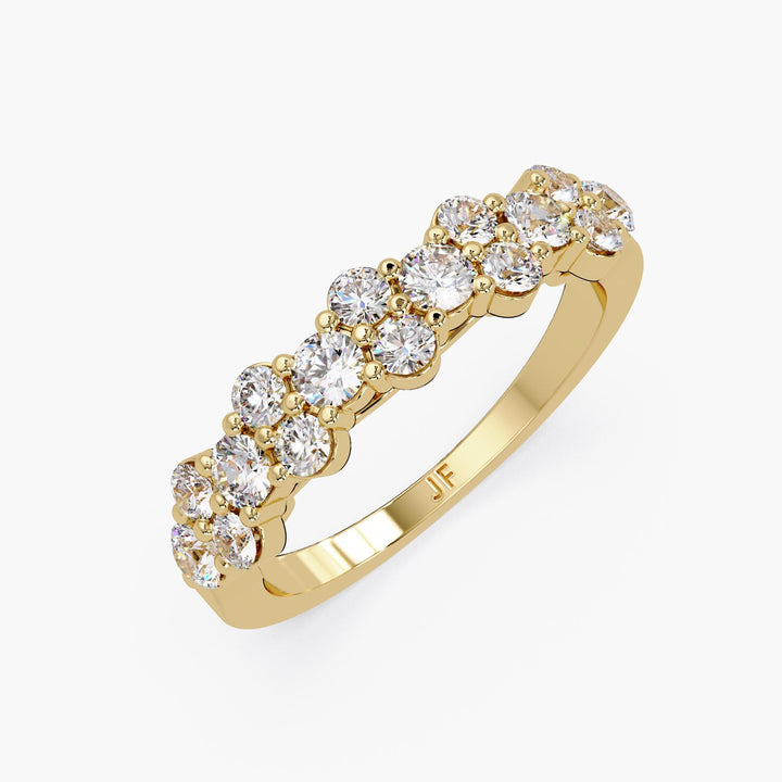 14K gold cluster diamond band ring featuring 0.90 CTW of round lab-grown diamonds in a staggered bubble setting, perfect for stacking, weddings, or everyday sparkle