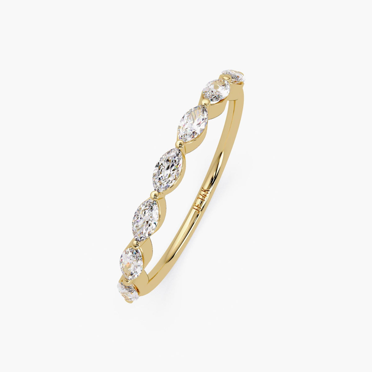 May include: A gold band ring with a row of marquise-shaped diamonds set in a pave setting. The ring is marked '14K'.