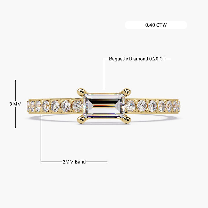 14K yellow gold baguette diamond ring with 0.40 CTW lab-grown center stone in an east-west solitaire setting and petite pave band