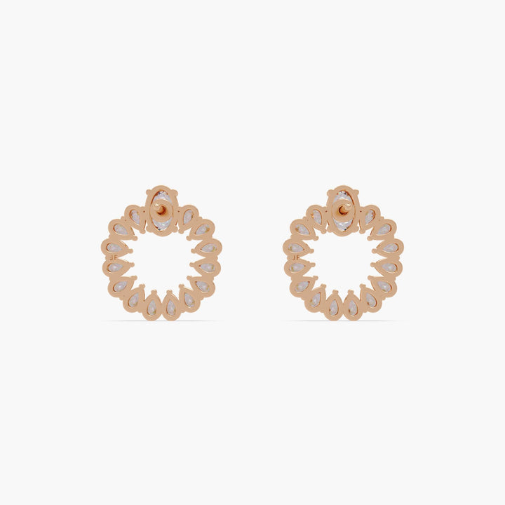 14K rose gold open circle diamond earrings with 1.35 CTW lab-grown diamonds, 15mm height and 13mm width, featuring 0.25 ct oval and pear-cut stones in a wreath design.