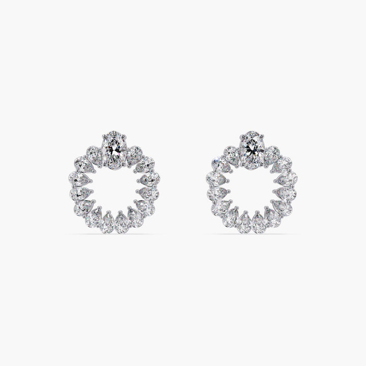 14K gold open circle diamond earrings with 1.35 CTW lab-grown diamonds, 15mm height and 13mm width, featuring 0.25 ct oval and pear-cut stones in a wreath design.