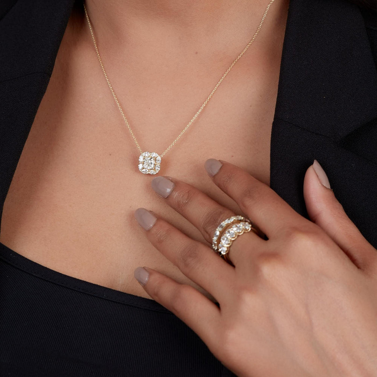 14K Cushion Diamond Halo Necklace - IGI Certified 1 Ct Lab Diamond - 1.70 Ctw Art Deco Cluster Pendant - Vintage Heirloom Gift Pendant
