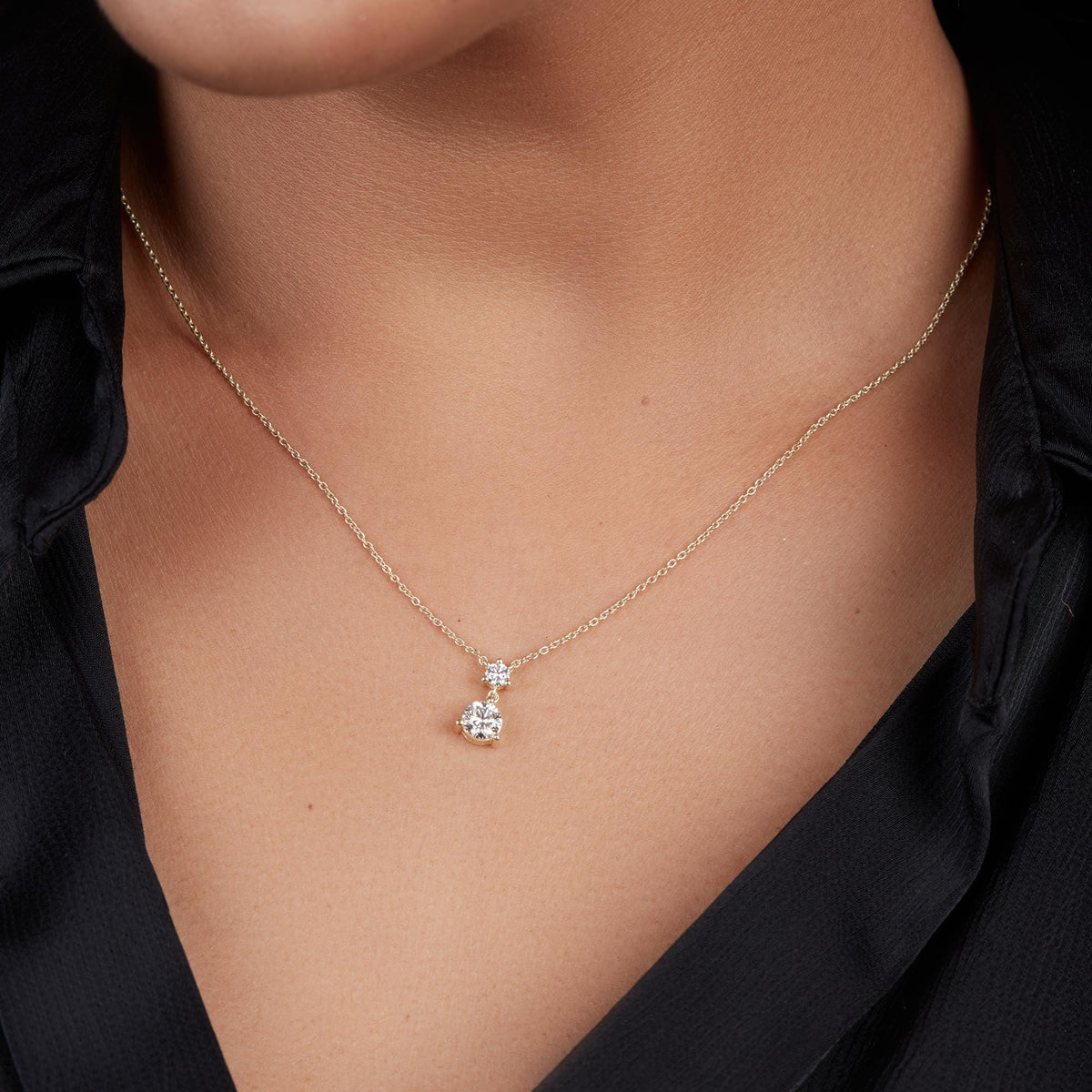 14K Gold Diamond Drop Necklace, 0.55 CTW Lab Diamond Pendant, Two Stone Necklace, Minimalist Fine Jewelry Gift for Her
