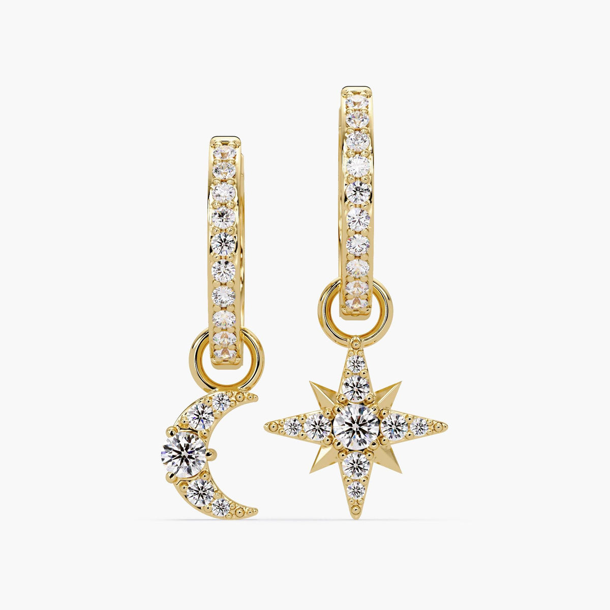14K Gold Celestial Moon and Sun Diamond Charm Earrings, Lab Grown Diamond Huggie Hoops, Fine Jewelry Gift for Her
