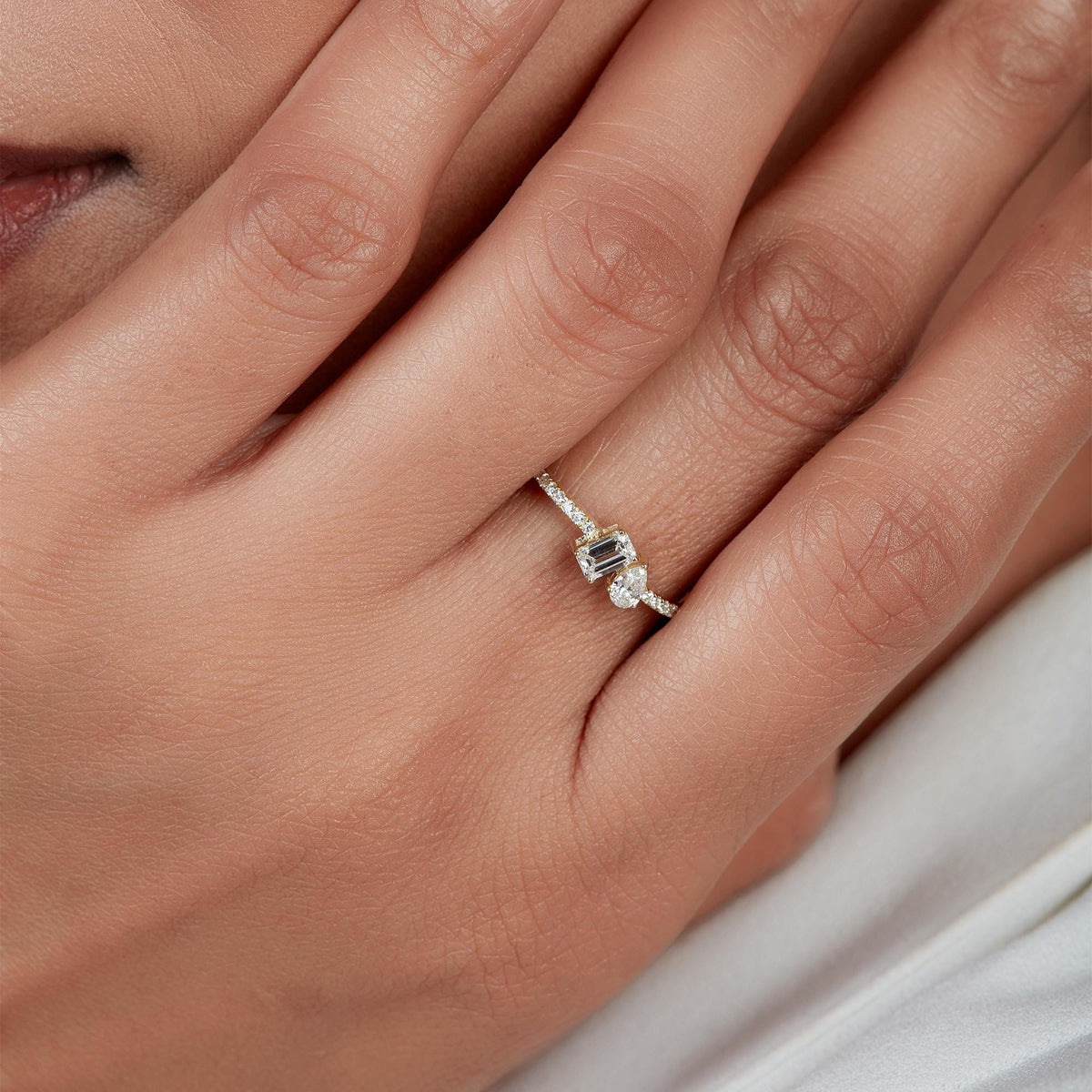 Pear & Emerald Lab Diamond Toi Moi Bypass Ring, Wavy Pave Diamond Band